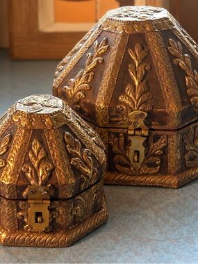 Vintage Brass & Wood Jewelry Boxes – Ornate Embossed Floral Nesting Set of 2